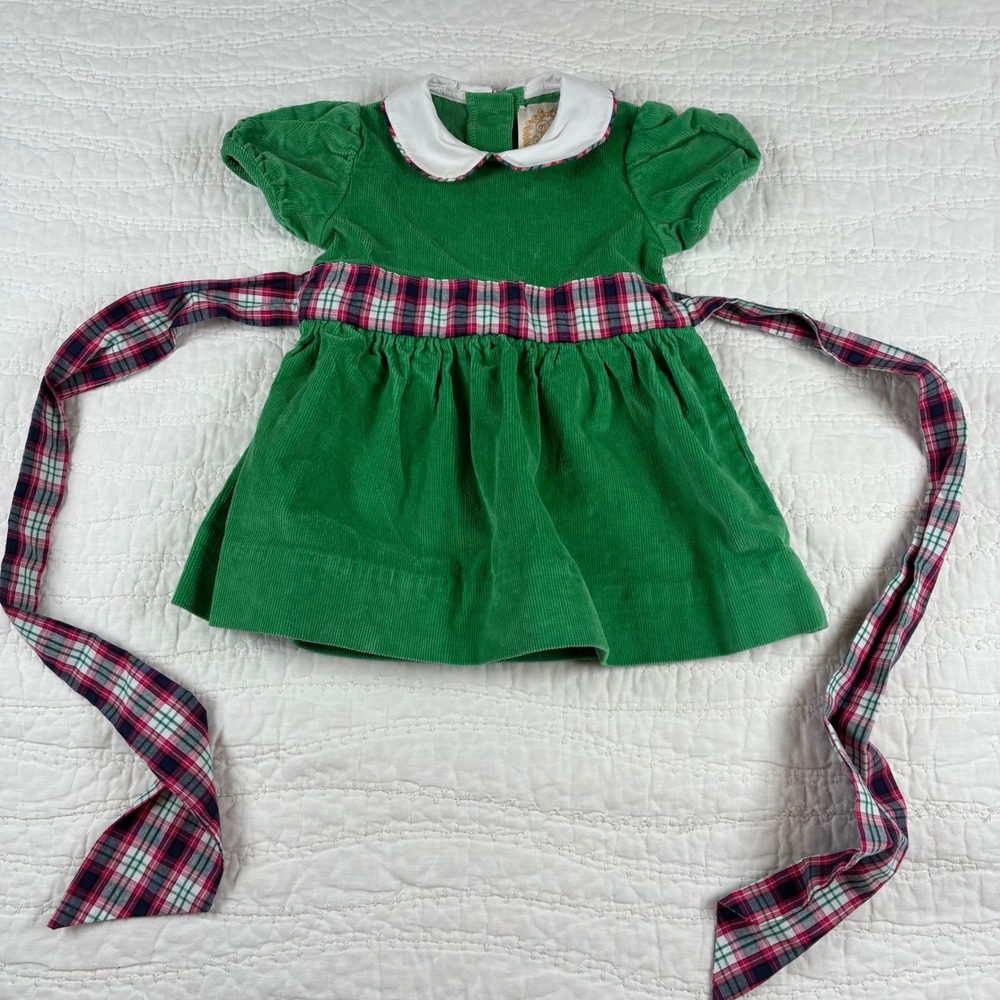 The Beaufort Bonnet Co Cindy Lou Sash Dress Green Corduroy 12/18 Mo Festive TBBC